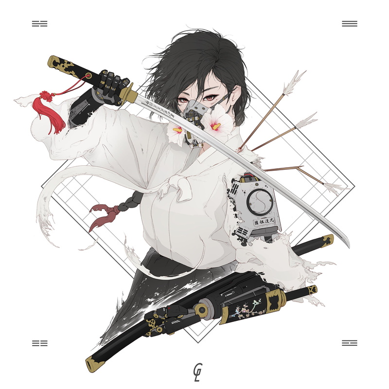 short hair, prosthetics, women, white background, 1080P, mask, simple background, katana, knot, kimono, flowers, dark hair, drawing, weapon, Park JunKyu
