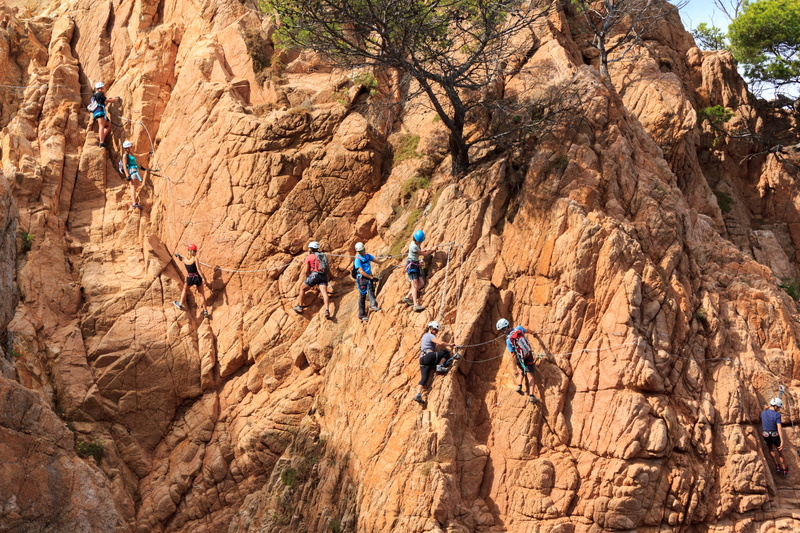 formation, sky, sport, extreme sports, outdoor, outdoors, helmet, brown, group, rock, extreme sport, safety harness, climbing, via ferratum, solid, male