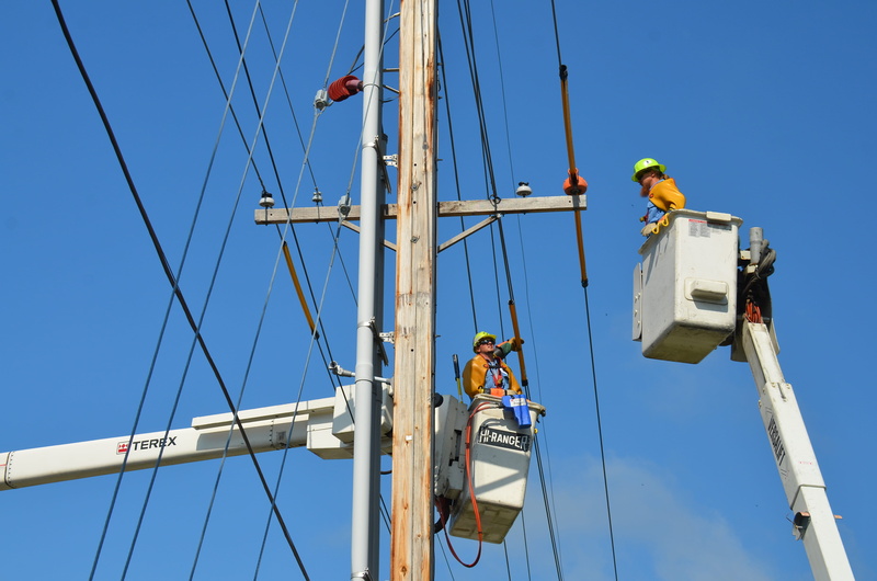 low angle view, occupation, male, cables, working, bucket, linemen, crane, industry, adult, rope, safety, cherry, electric, rigging, helmet, security, headwear