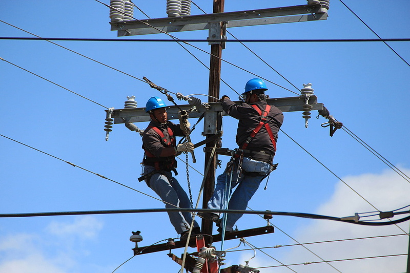 cable, workers, adult, risk, protection, warning sign, safety, outdoors, phone lines, safety harness, men, skill, working, electricity, sky, occupation