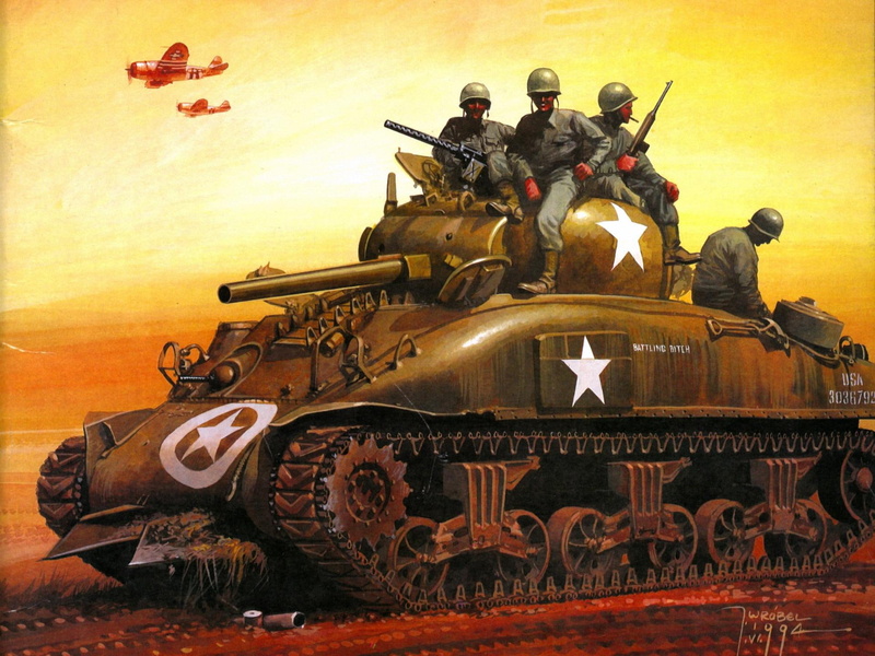 army, world, 1080P, tank, illustration, antique, classic, aircraft pl, sherman, soldiers, wwii, m, battle, drawing, top, painting