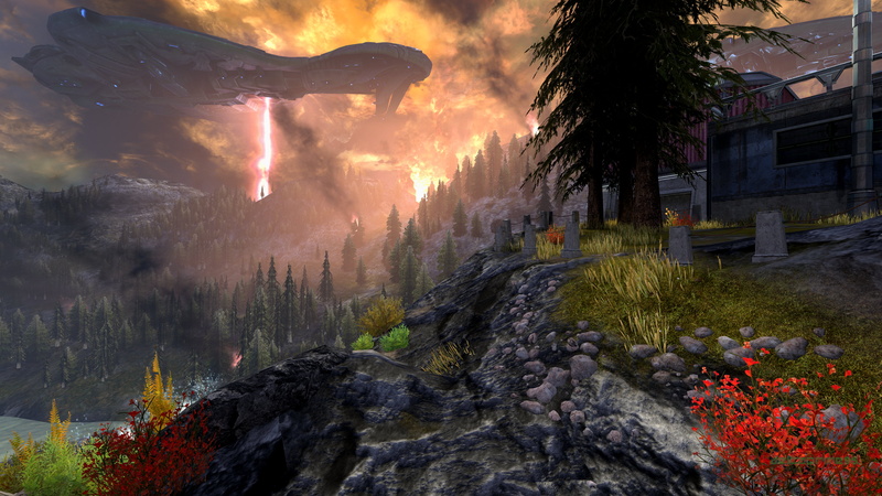 Covenant, Highlands (Multiplayer Map), in-game, Battlecruiser, plasma, horizon, mountains, Planet Reach, fire, destruction, Glassing, 4K, Halo Reach, PC