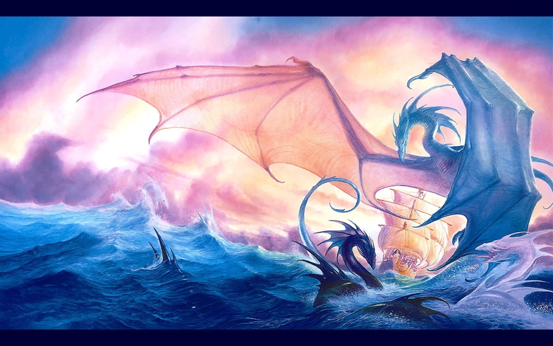 watercolor painting, 720P, representation, fantasy, water, painted image, painted, outdoors, wave, animal, animal representation, dragon john howe, art and craft