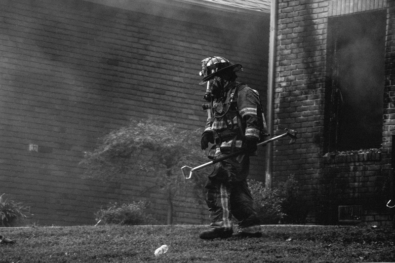one person, built structure, outdoors, fire fighter, working, day, men, architecture, 5K, male, firefighter, grayscale, building exterior, ash, uniform