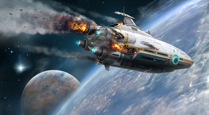 copy space, futuristic artwork science fiction spaceship subnautica, mid-air, communication, sky, mode of transportation, nature, airplane, digital composite