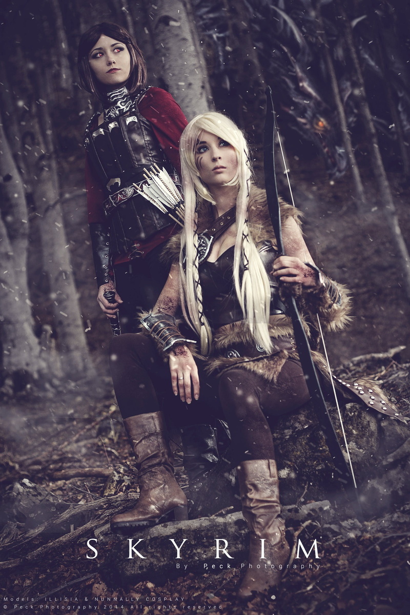 armor, long hair, bow, 1080P, cosplay, women, short hair, dark hair, The Elder Scrolls V: Skyrim