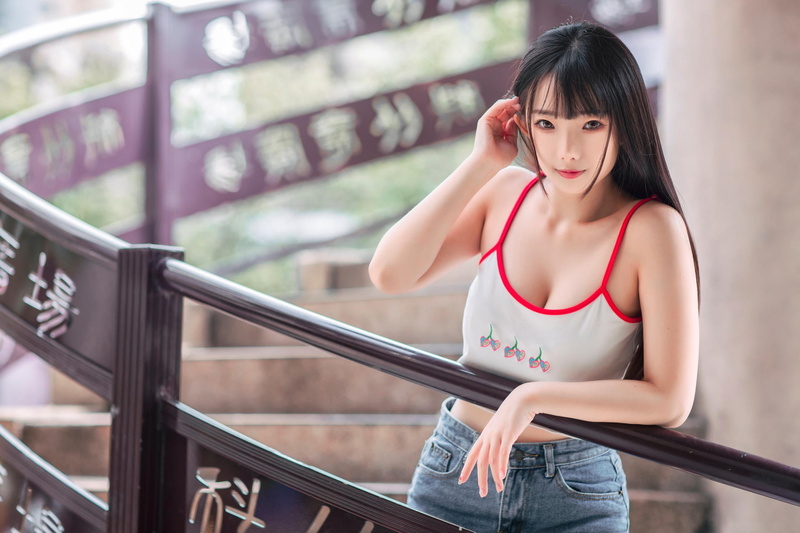 stairs, 1080P, women, jeans, dark hair, Ning Shioulin, Asian, long hair, depth of field, model, cleavage, railings, short tops, leaning
