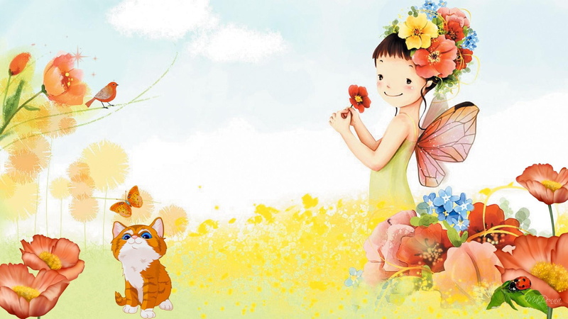 poppy, kitty, flowers, kitten, 1080P, angel, firefox persona, poppies, fairy, girl, butterfly