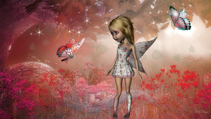 trees, mushrooms, fairy, foret, leaves, amazement, spring, butterflies, pink, firefox persona, butterfly, light, 1080P, fantasy