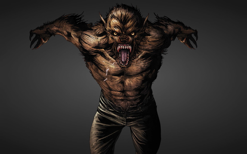 colored background, portrait, black background, front view, looking at camera, 1080P, werewolf, growls, wolf, gray background, mouth, indoors, mammal