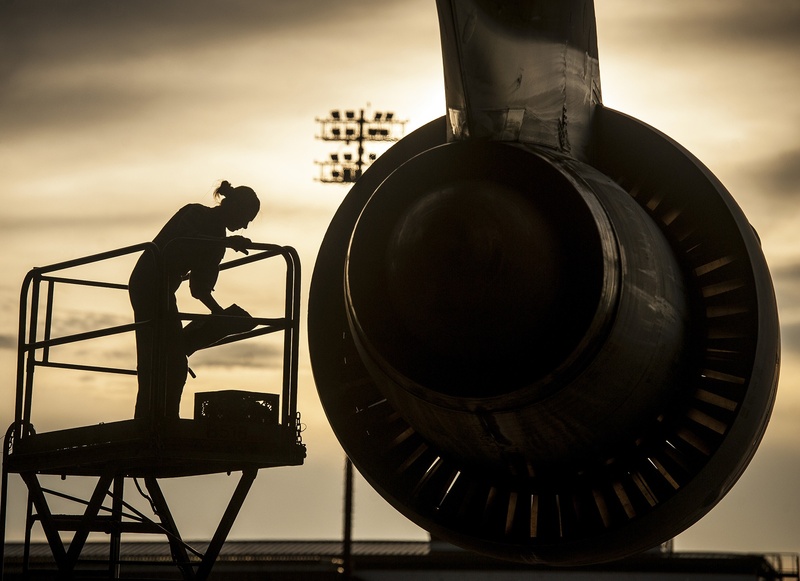 silhouette, mechanic, airplane, outdoors, standing, military, jet, checking, 1080P, person, one person, occupation, men, sky, engine, lifestyles, day