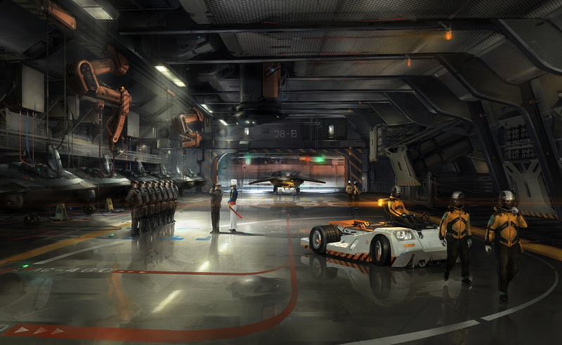 indoors, land vehicle, Artistic, industry, garage, occupation, architecture, real people, hangar, illuminated, 2K, day, spaceship, repairing