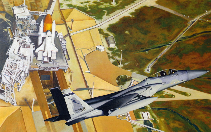 Space Shuttle, American, launch pad, tactical fighter, 2K, military air force base, spaceport, The "space Shuttle", F-15 Eagle, weatherproof, F-15 " Eagle"