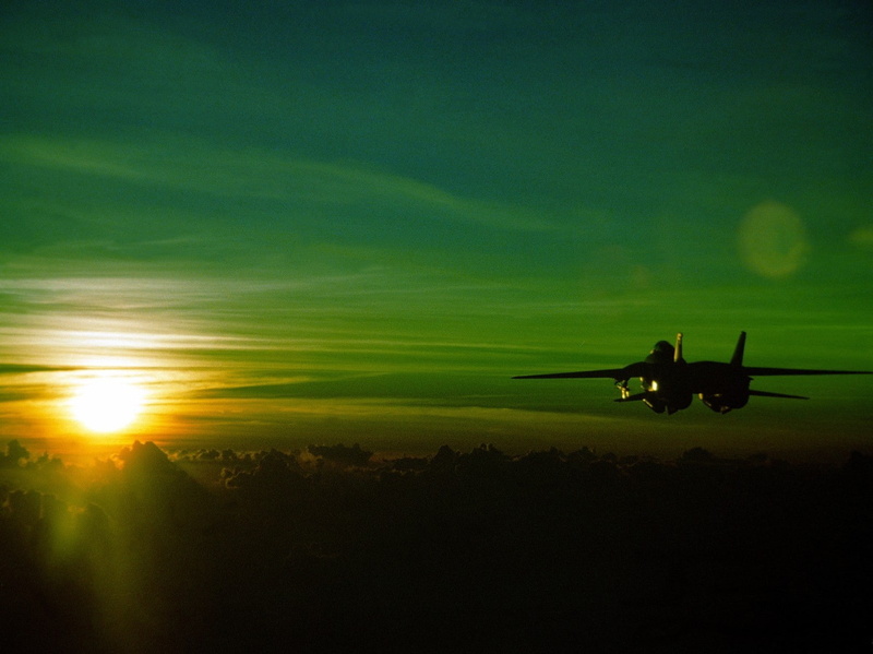 grumman f 14 tomcat sunset green jet aircraft, sky, sunbeam, mid-air, transportation, leisure activity, lens flare, tranquility, sun, land, silhouette