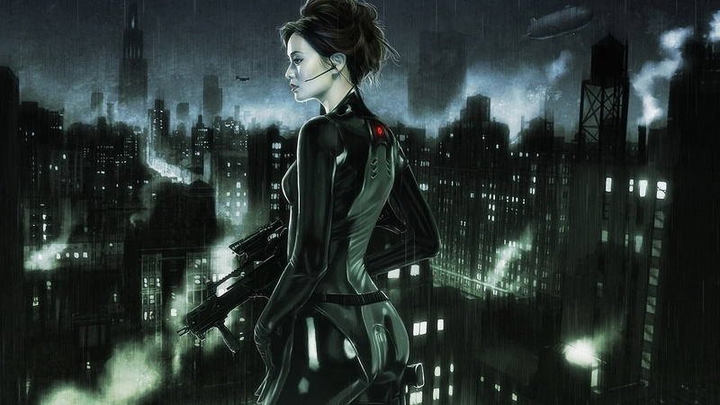 water, architecture, women, fantasy art, HandK G36, night, city, 1080P, hairstyle, office building exterior, adult, beauty, building exterior, digital composite