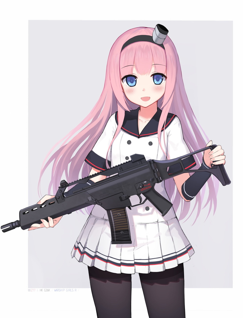 emotion, child, portrait, pink hair, gun, three quarter length, studio shot, G36, teenager, blue eyes, long hair, clothing, females, anime, anime girls
