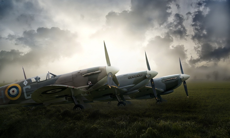 air vehicle, airport runway, nature, cloud - sky, supermarine spitfire, fighter plane, airplane, overcast, field, mode of transportation, day, military