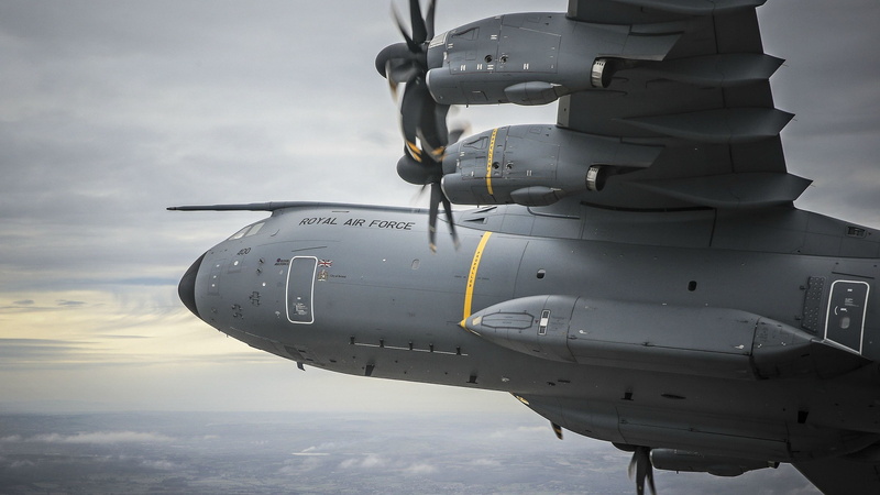 transportation, day, sky, military royal airforce airbus a400m atlas, outdoors, mid-air, fighter plane, army, cloud - sky, air vehicle, plane, nature, on the move