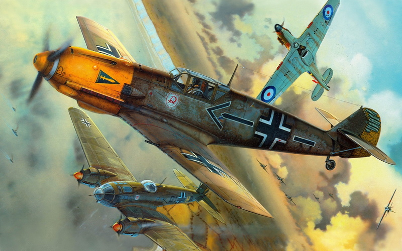 military, Heinkel He 111, 2K, Military Aircraft, Hawker Hurricane, Messerschmitt Bf 109, Luftwaffe, artwork, Royal Airforce, Germany, aircraft, World War II