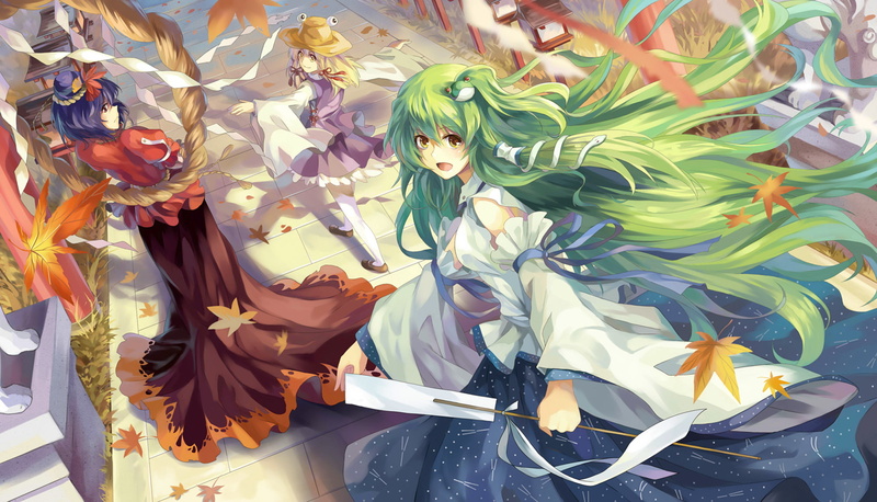 green, moriya, kochiya, sanae, dress, neko, leaves, 1080P, touhou, yasaka, kanako, yanshoujie, hair, suwako