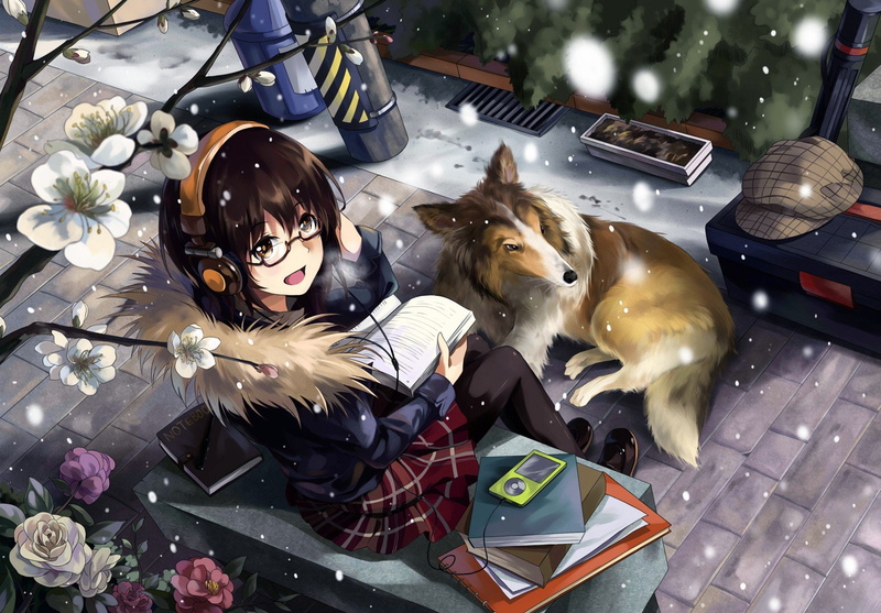 Anime Girls, Glasses, NEKO (Yanshoujie), headphones, Original Characters, 720P, dog