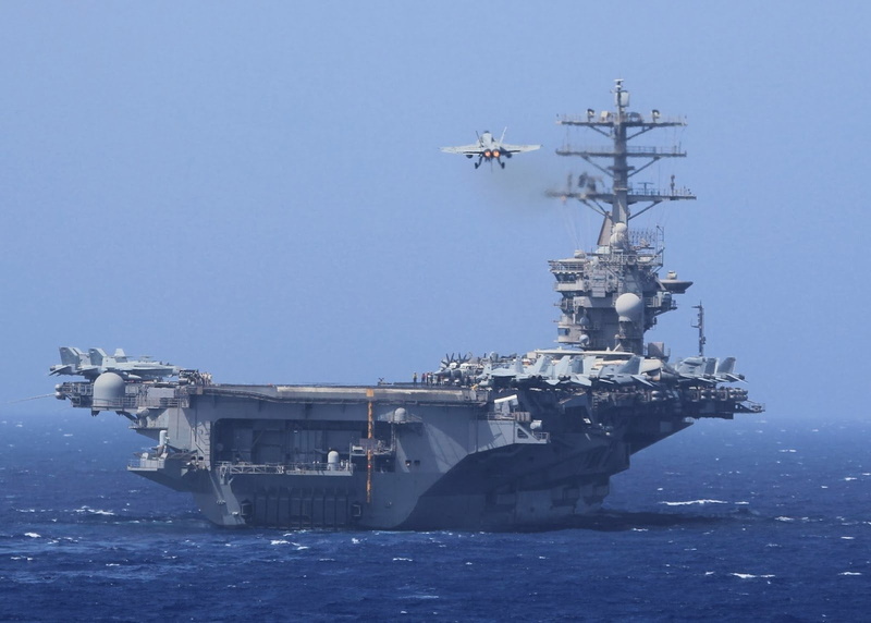 sky, outdoors, Warships, transportation, mode of transportation, sea, Warship, 720P, Boeing F/A-18E/F Super Hornet, no people, USS Nimitz (CVN-68), air vehicle