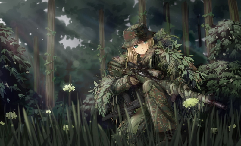 weapon, MP7, fantasy Art, military, Anime Girls, anime, soldier, Manga, Sniper Rifle, TC1995, Ghillie Suit, gun, 720P, Original Characters, camouflage