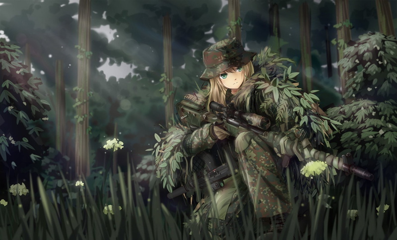 long, grass, gun, forest, eyes, flowers, tree, military, blonde, original, green, gloves, hair, leaves, tc1995, 720P, hat, uniform, weapon, boots