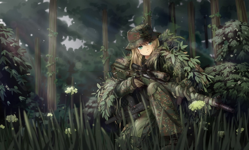 720P, anime anime girls original characters military weapon camouflage ghillie suit sniper rifle mp7 forest soldier gun tc1995 fantasy art manga
