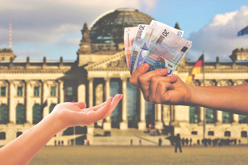 sky, paper currency, 2K, finance, euro, money, focus on foreground, city, architecture, taxes, holding, germany, human body part, building exterior, built structure