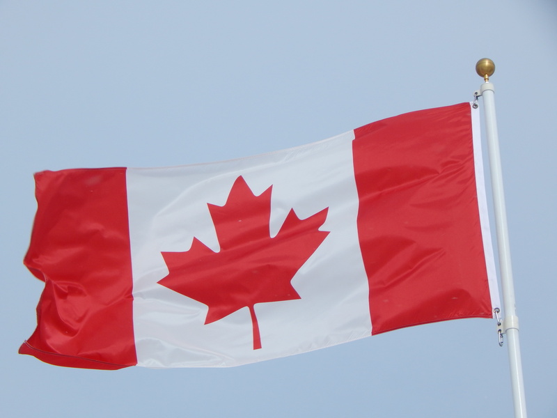 emblem, sunny, leaf, red, blue, no people, national, nationalism, nation, canadian flag, low angle view, banner, clear sky, sky, 4K, outdoors, patriotism