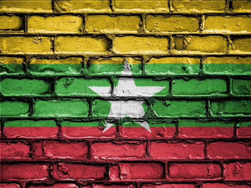 bricks, wall - building feature, 4K, flag, no people, building exterior, pattern, burma, graffiti, day, brick wall, red, emblem, banner, patriotic, symbol
