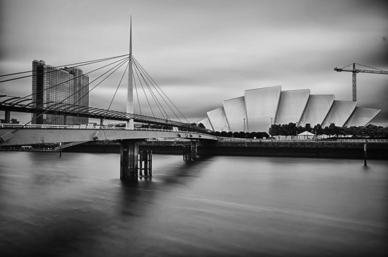 travel destinations, building exterior, transportation, engineering, cloud - sky, water, long, river clyde, united kingdom, waterfront, 4K, built structure