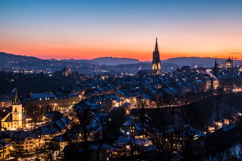 nature, townscape, sky, münster, capital, chimney, crowded, building exterior, bern, 4K, snow, light, downtown, dusk, outdoors, winter, residential district