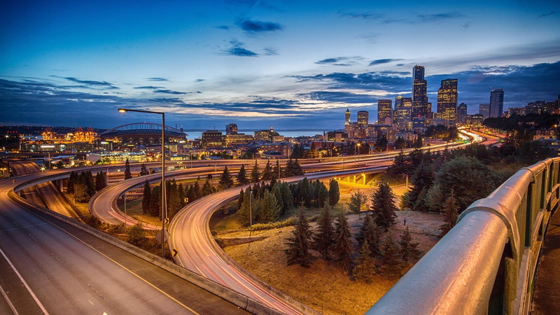 Seattle, city lights, night, long exposure, USA, lights, road, city, intersections, 1080P