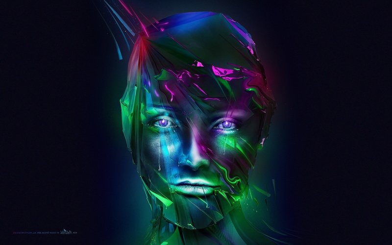 2K, projection, dark, futuristic, face adam spizak abstract, neon colored, abstract, robot, beauty, digital composite, neon, adult, technology, body paint