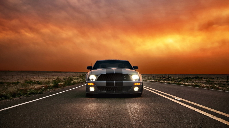 road, land vehicle, vehicle, on the move, mode of transportation, ford mustang, sunset, evening, shelby cobra, marking, dusk, transportation, symbol, headlight