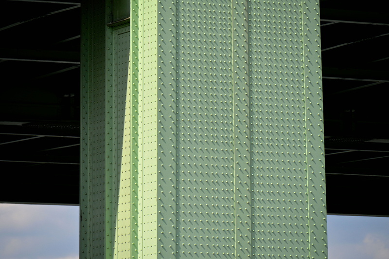 bridge, cologne south, construction, highway bridge, industry, full frame, building exterior, focus on foreground, close-up, green color, no people, outdoors