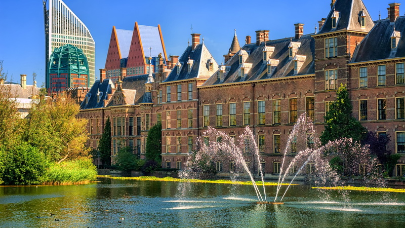 binnenhof palace, sky, tourist attraction, city, den haag, tree, river, travel destinations, fountain, plant, history, tourism, building exterior, clear sky