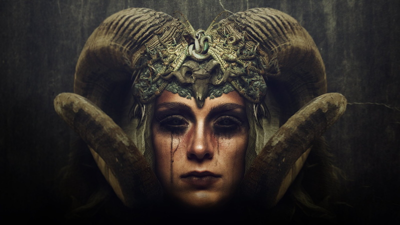 women, looking at camera, one person, Dark, horns, horror, fear, headshot, occult, beings, sculpture, fantasy, demon, Satanic, 1080P, human face, Gothic