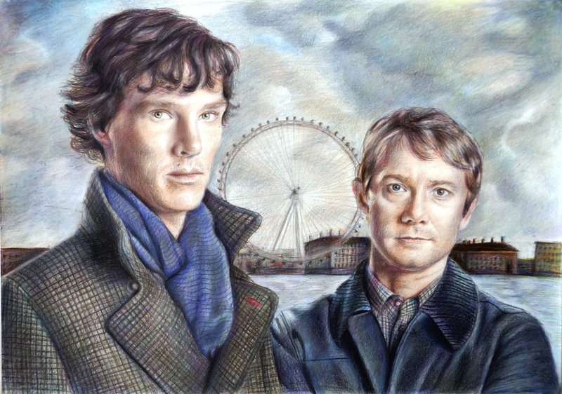 2K, Martin Freeman, the series, Sherlock Holmes, art, Benedict Cumberbatch, Sherlock, John Watson, bbc