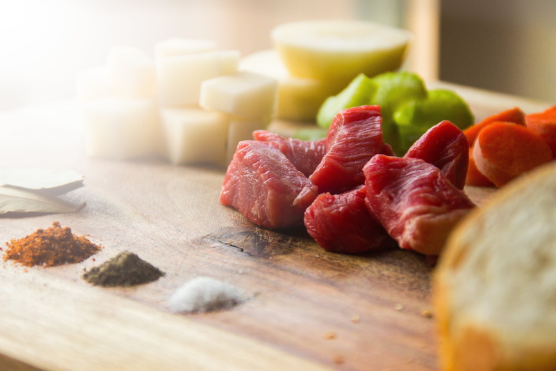 dinner, vegetable, top, food and drink, steak, pork, beef, wooden, table, 5K, freshness, selective focus, meat, snack, brown, wellbeing, slice, close-up