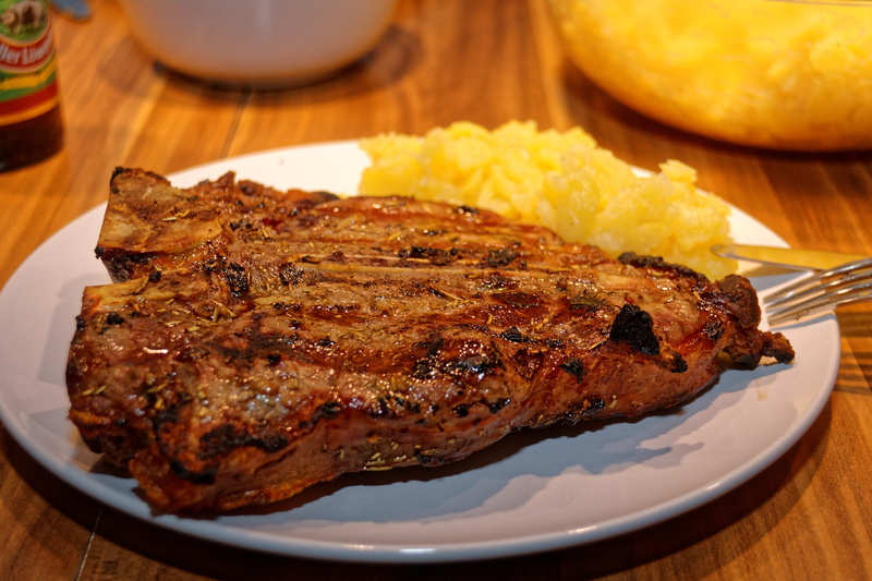 Steak, temptation, steak, cutlery, eat, healthy eating, wellbeing, potato salad, T-Bone Steak, food, Meat, ready-to-eat, close, white, close-up, barbecue