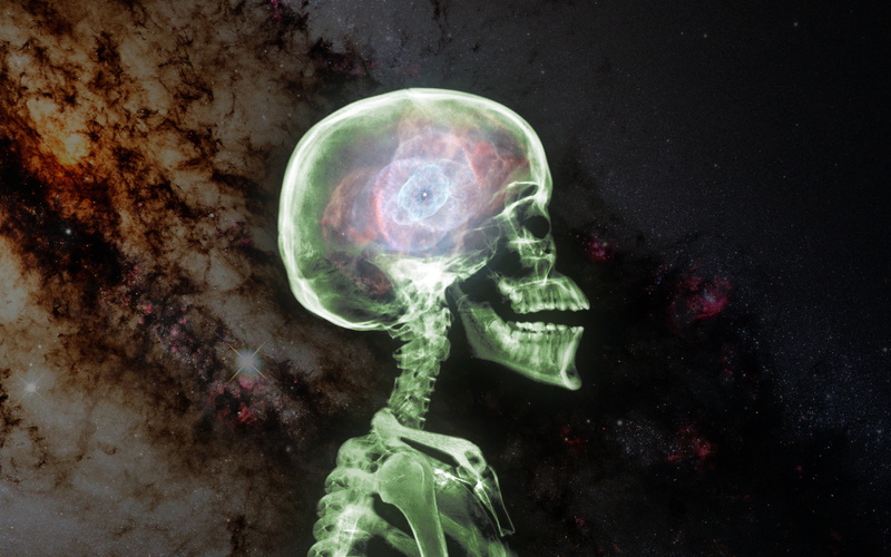 bubble, high angle view, illustration, colorful, still life, human skeleton, transparent, space, nature, nebula, bones, vulnerability, 2K, skull, indoors
