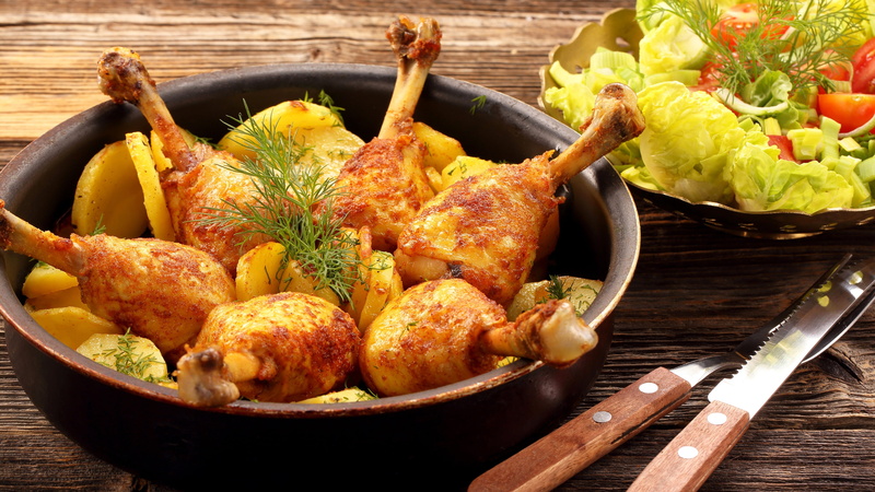freshness, dinner, healthy eating, food, drumstick, table, indoors, chicken, salad, animal source foods, meat, ready-to-eat, meal, cuisine, fried food