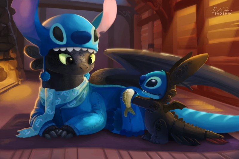 Toothless, Stitch, Lilo and Stitch, costumes, How to Train Your Dragon, 720P, crossover