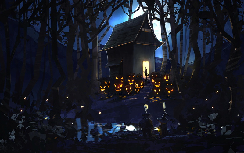 night, halloween, dark, crowd, pumpkin, cartoon, christmas, haunted, 2K, horror, illustration, nightmare, house