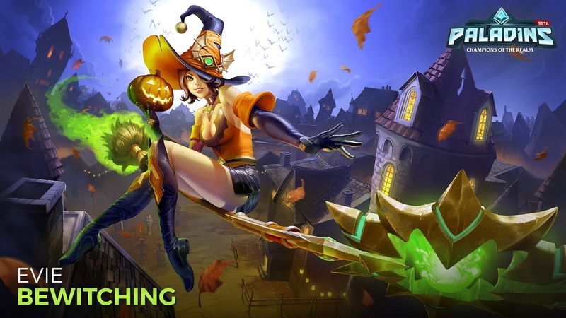 day, outdoors, nature, Skirt, low angle view, Halloween, building exterior, Evie (Paladins), 1080P, Collar, Girl, Sitting, Glow, Paladins (Video Game)