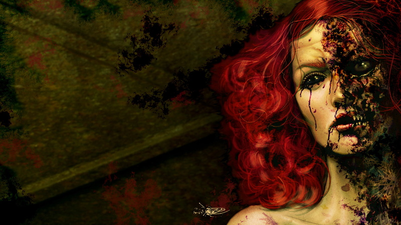 redhead, eyes, demon, ruin, decay, gothic, macabre, evil, art, women, face, horror, 1080P, gore, dark