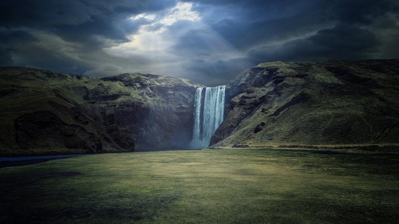 sky, anime, Skogafoss, art, Clouds, px, x, 1920x1080 px, hd, Waterfall, sunbeams, moon, 1080P, sailor